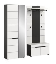 Moderner Garderobenschrank und Garderobenpaneel mit Sitzbank in Weiß, Grau und Schwarz, mit Kleiderstange und Haken, frontal aus leicht schräger Perspektive auf weißem Hintergrund