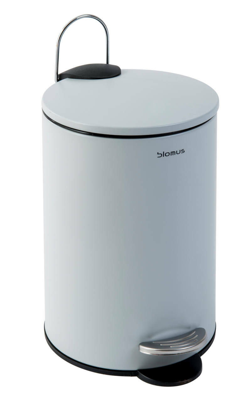 Moderner weißer Treteimer der Serie TUBO mit Deckel und Fußpedal, seitliche Perspektive