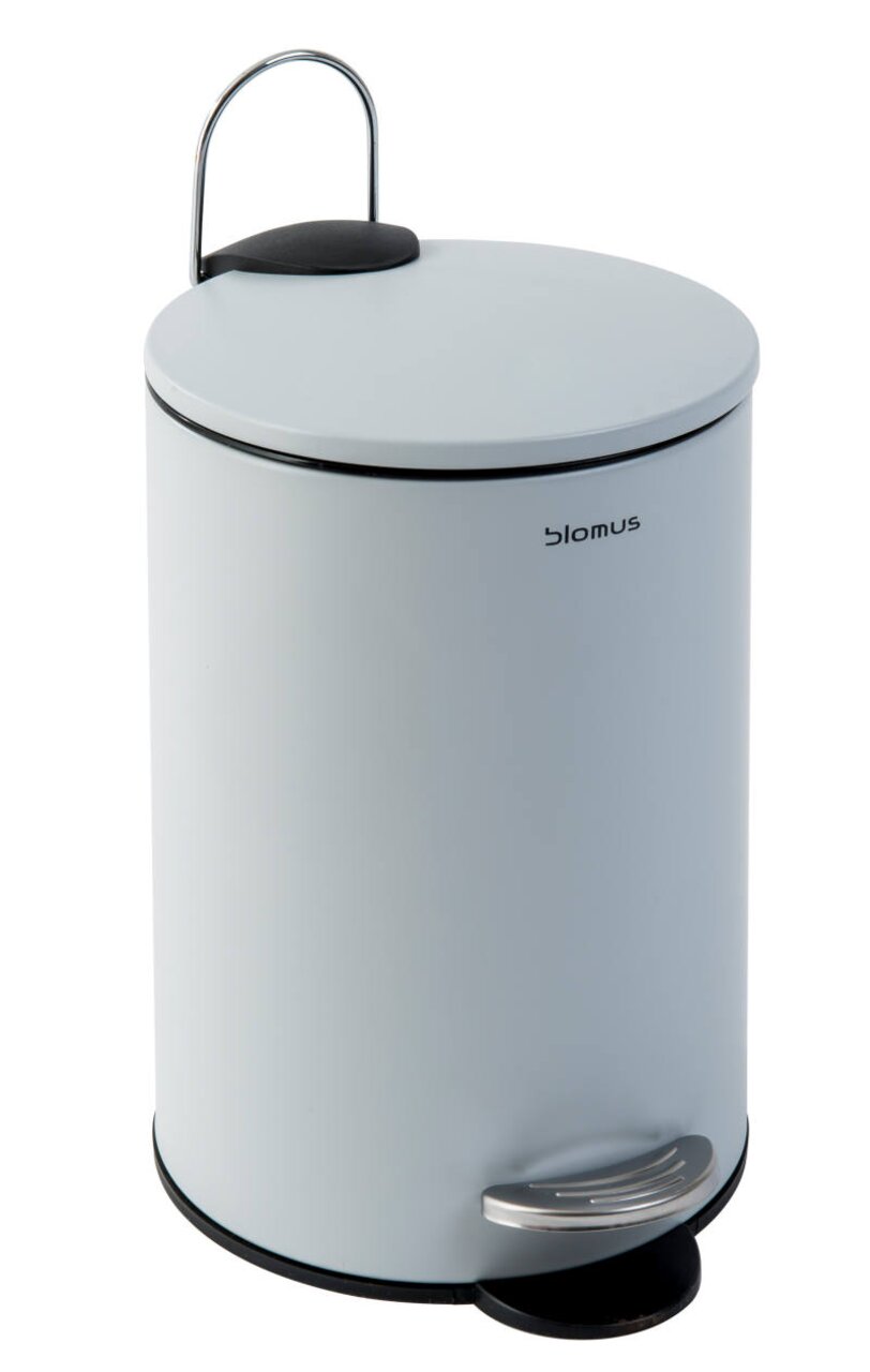 Moderner weißer Treteimer der Serie TUBO mit Deckel und Fußpedal, seitliche Perspektive