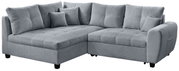 Graues Ecksofa mit weichem Stoffbezug, bestehend aus zwei Teilen mit mehreren Kissen, Perspektive von vorne rechts