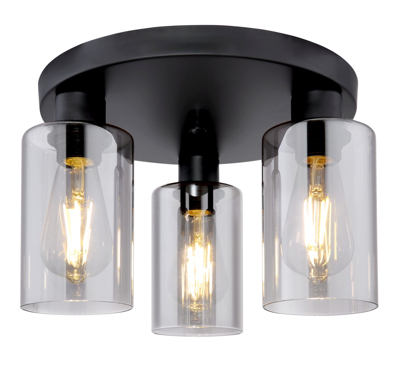 Globo Lighting Deckenleuchte HADERA Moderne Deckenleuchte mit drei klaren Glaszylindern und sichtbaren Glühbirnen, Ansicht von unten.