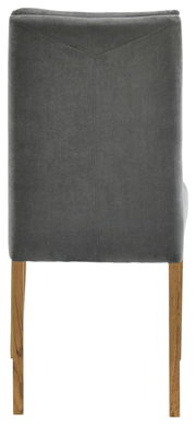 Rückansicht eines grauen Stuhls mit Holzbeinen