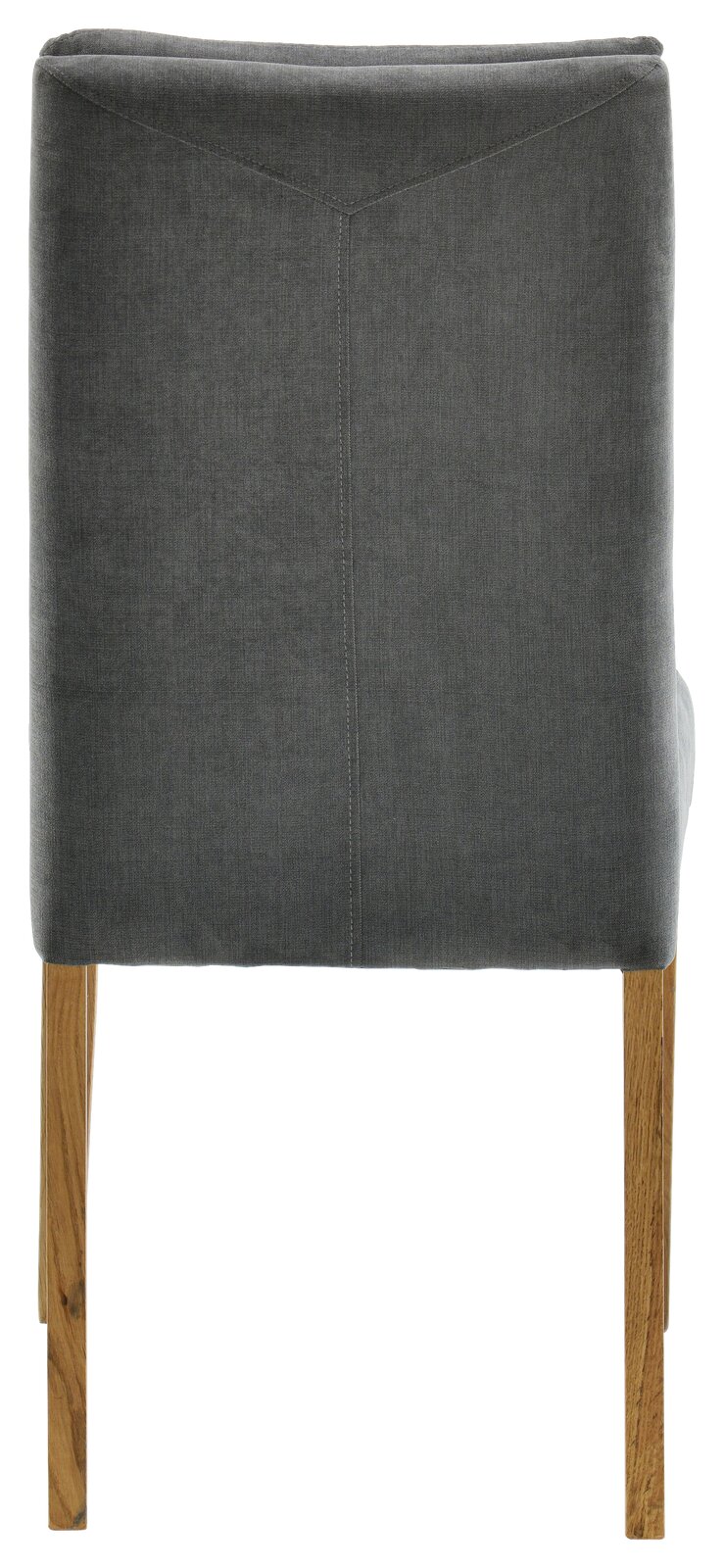 Rückansicht eines grauen Stuhls mit Holzbeinen