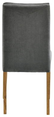 Rückansicht eines grauen Stuhls mit Holzbeinen