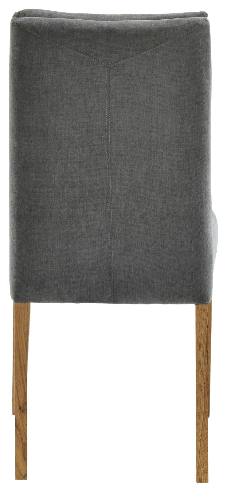 Rückansicht eines grauen Stuhls mit Holzbeinen