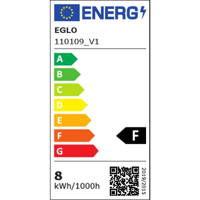 EU-energielabel voor EGLO 110109_V1 met energieklasse F en verbruik 8 kWh/1000h, frontale aanzicht