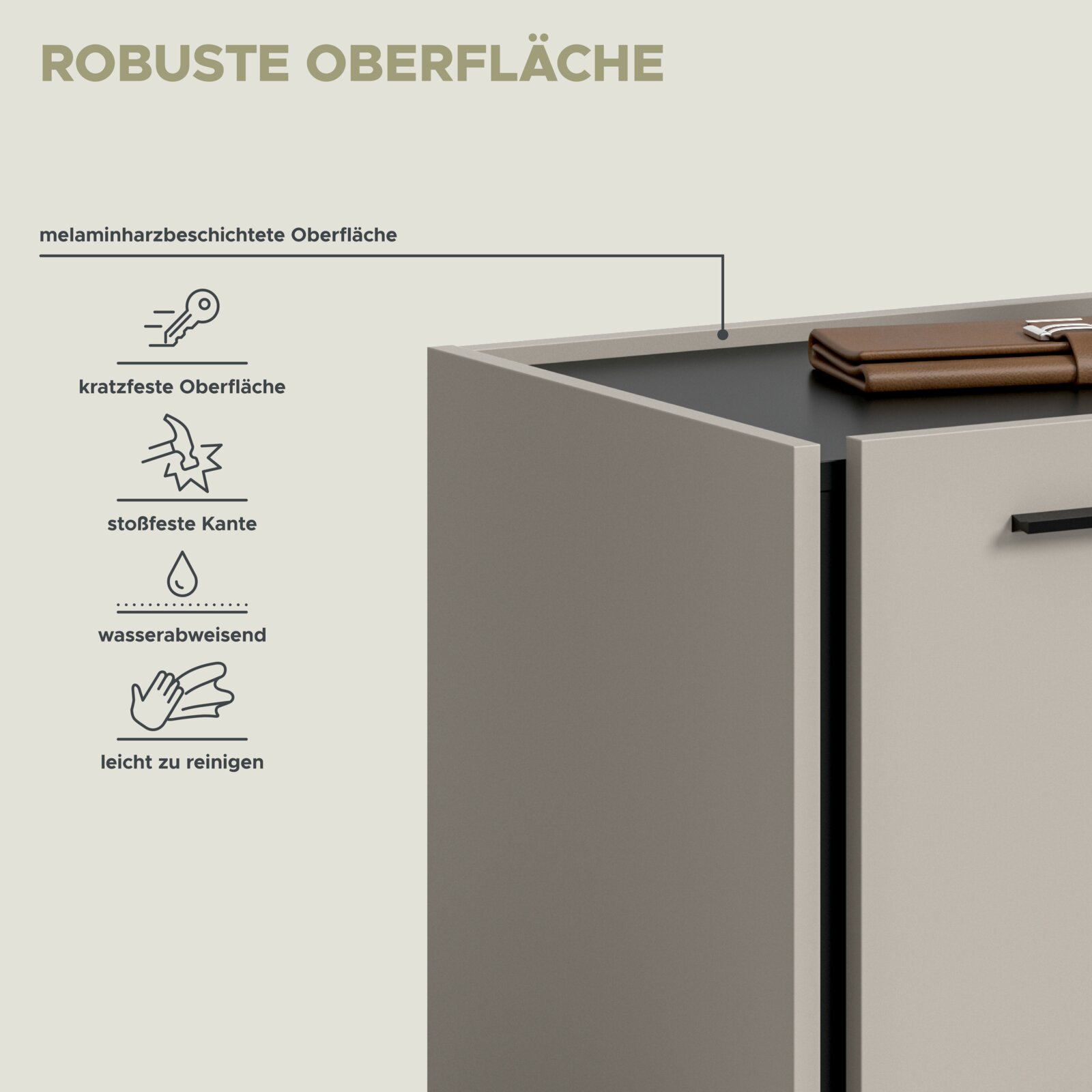 Schrägansicht von oben auf ein hellgraues Möbelstück mit geöffneter Schublade und melaminharzbeschichteter, robuster Oberfläche; Icons zeigen kratzfest, stoßfeste Kante, wasserabweisend und leicht zu reinigen.