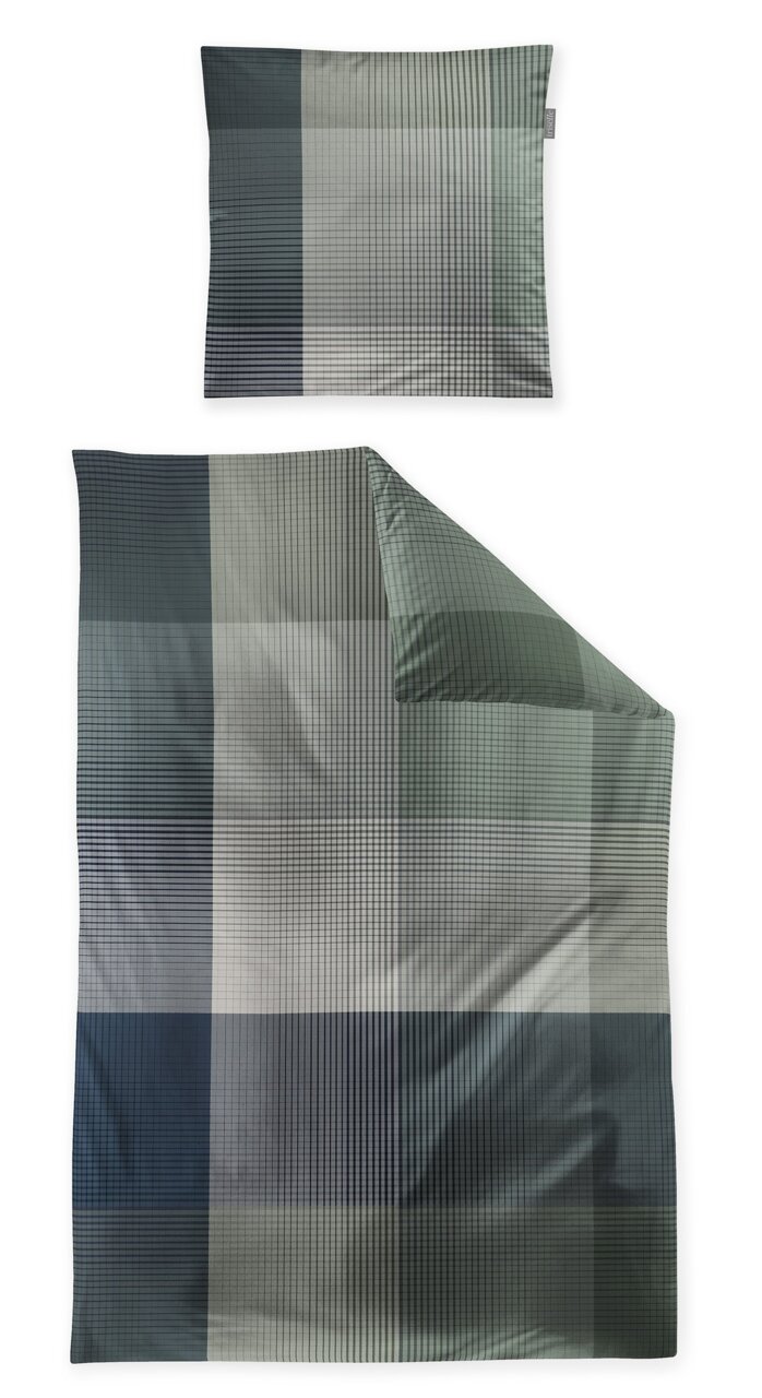 Bettwäsche-Set mit kariertem Muster in Blau- und Grautönen, Draufsicht