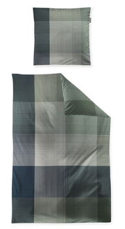 Bettwäsche-Set mit kariertem Muster in Blau- und Grautönen, Draufsicht