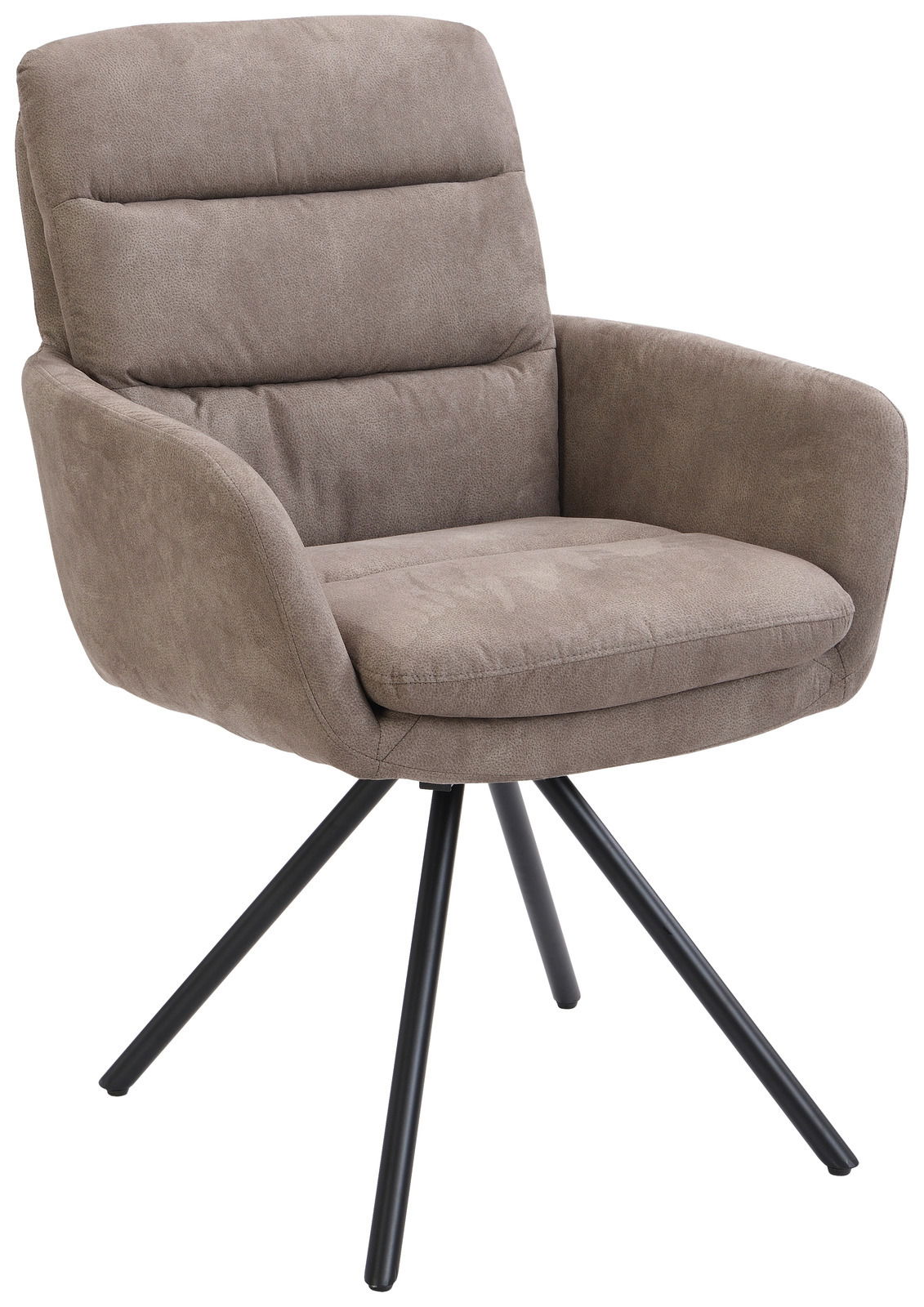 Bequemer Armlehnstuhl in hellbraunem Stoff mit schwarzem Metallgestell, seitliche Perspektive