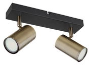 Zweiflammiger Strahler in Altmessing-Optik, seitliche Perspektive, montiert auf schwarzer Basis.