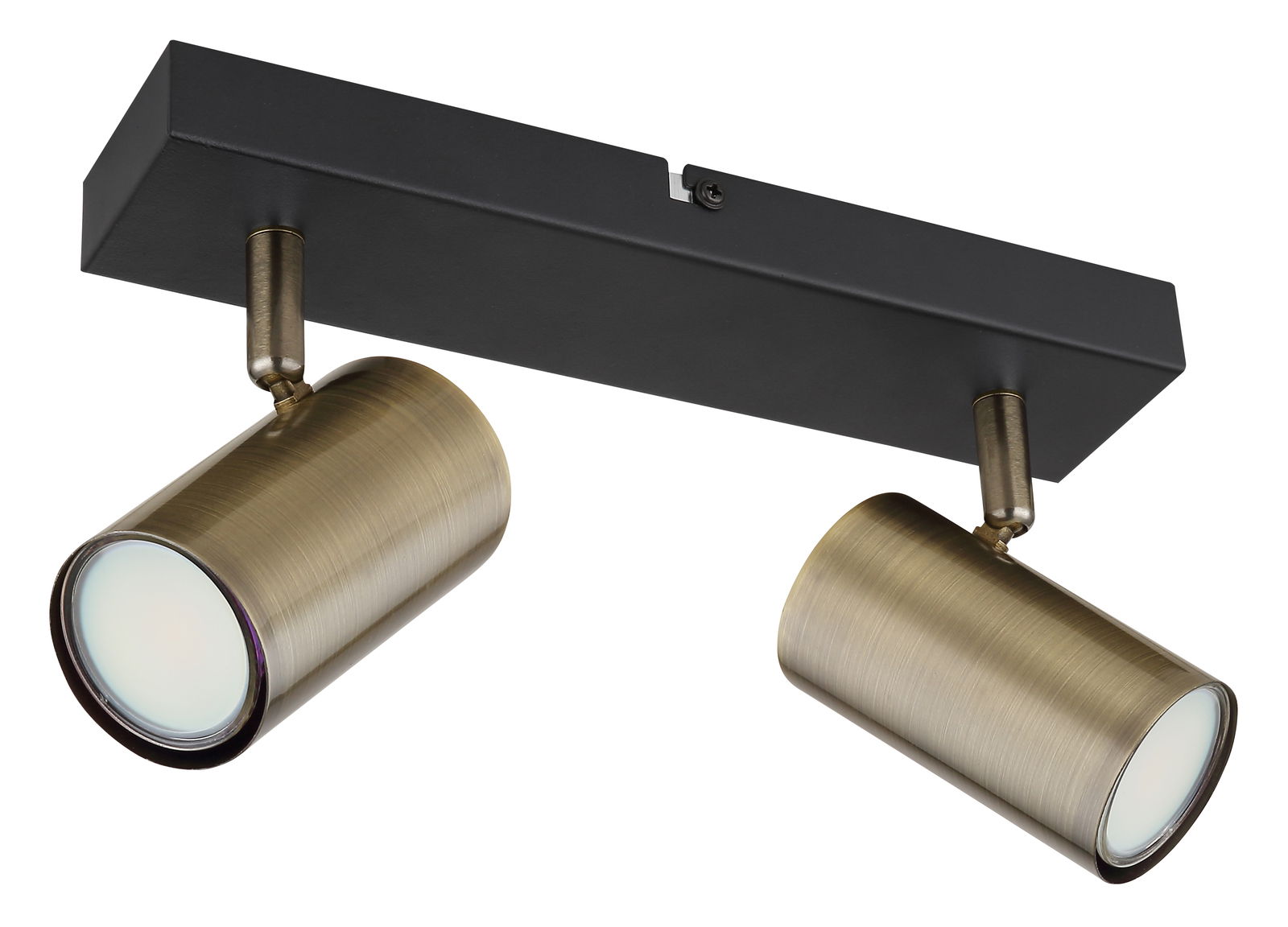 Zweiflammiger Strahler in Altmessing-Optik, seitliche Perspektive, montiert auf schwarzer Basis.