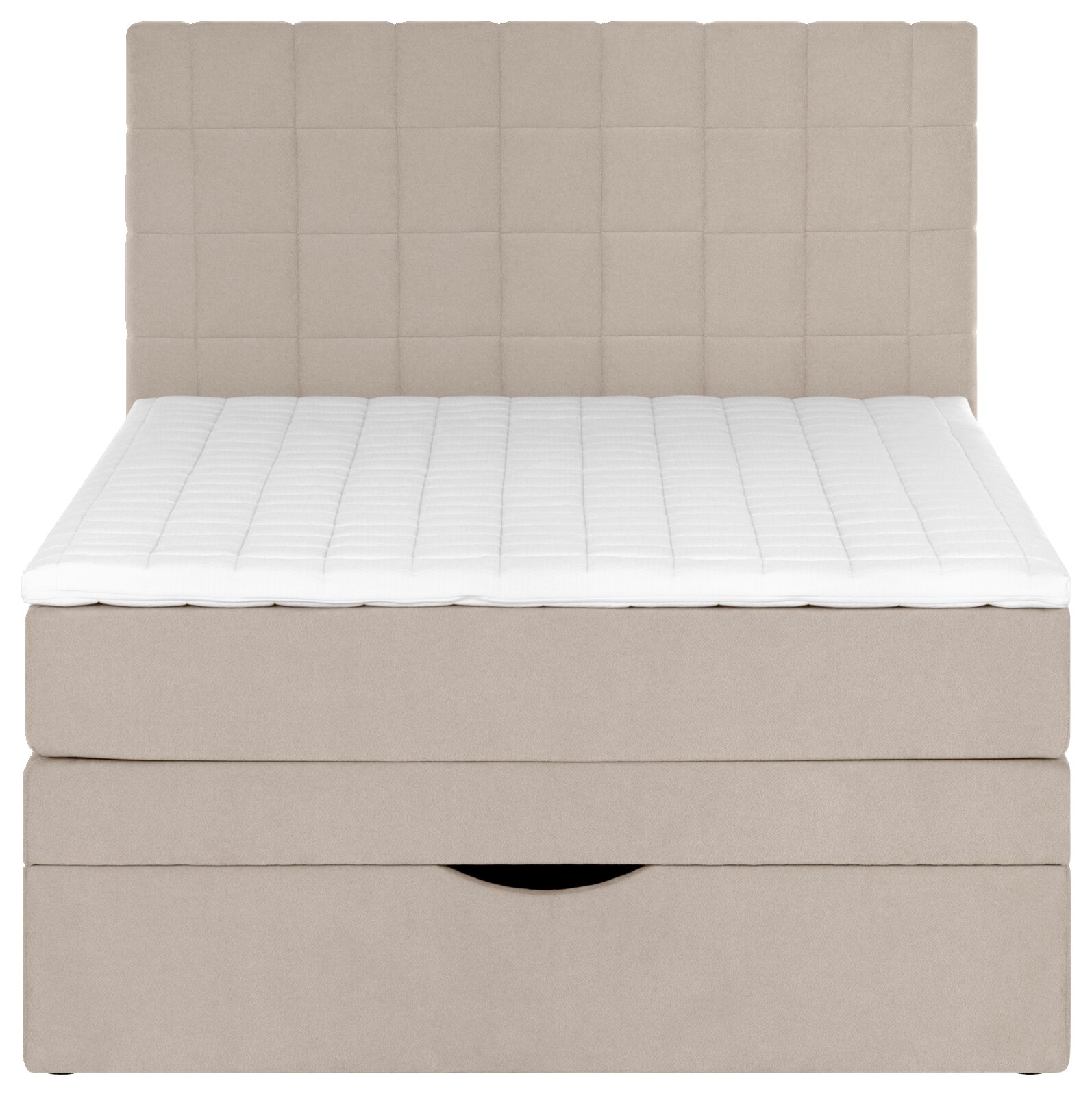 Beiges Boxspringbett mit gepolstertem, quadratisch abgestepptem Kopfteil und weißer, gesteppter Matratzenauflage, Frontansicht.