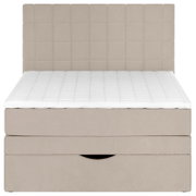 Beiges Boxspringbett mit gepolstertem, quadratisch abgestepptem Kopfteil und weißer, gesteppter Matratzenauflage, Frontansicht.