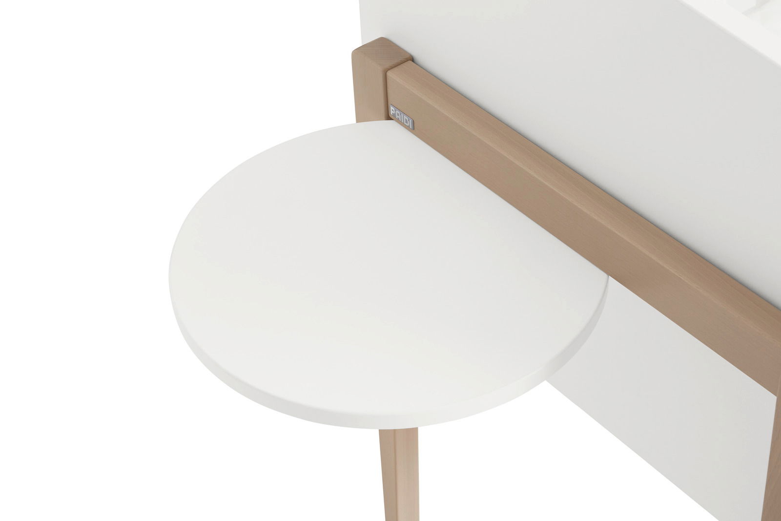 Rundes, weißes Tablar mit Holzrahmen, seitliche Perspektive