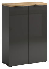 Moderner Schuhschrank mit dunkler Front und heller Holzplatte, Frontalansicht