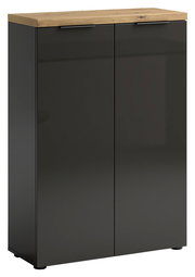 Moderner Schuhschrank mit dunkler Front und heller Holzplatte, Frontalansicht