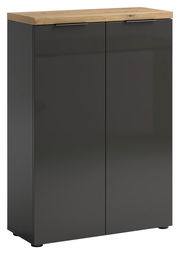 Moderner Schuhschrank mit dunkler Front und heller Holzplatte, Frontalansicht