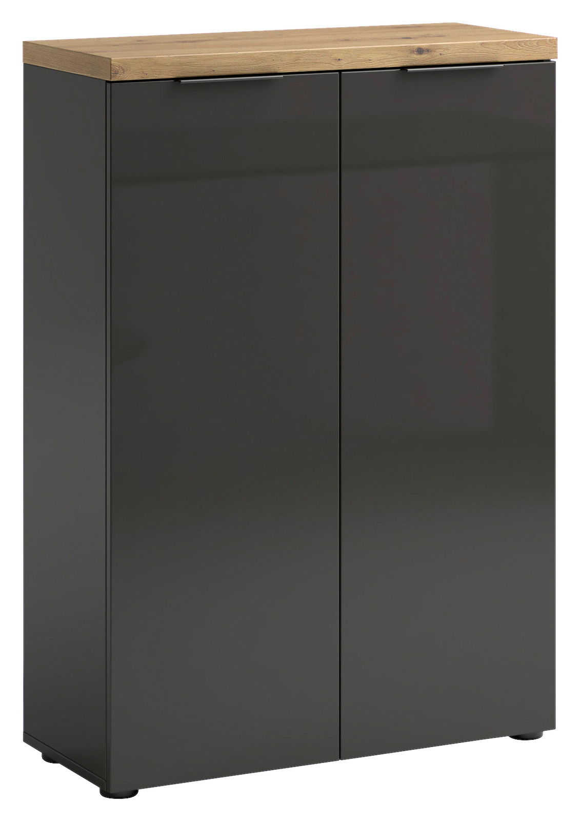 Moderner Schuhschrank mit dunkler Front und heller Holzplatte, Frontalansicht