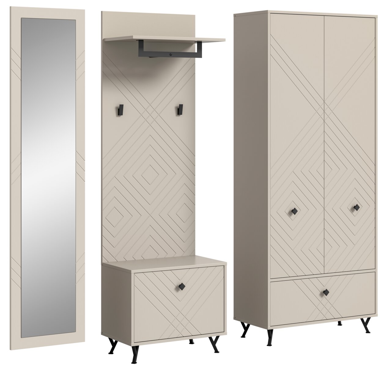 Garderobenkombination in modernem Design mit geometrischen Mustern, bestehend aus einem hohen Spiegel, einer Garderobenleiste mit Haken und Ablage sowie einem geräumigen Schrank. Perspektive: Frontalansicht.