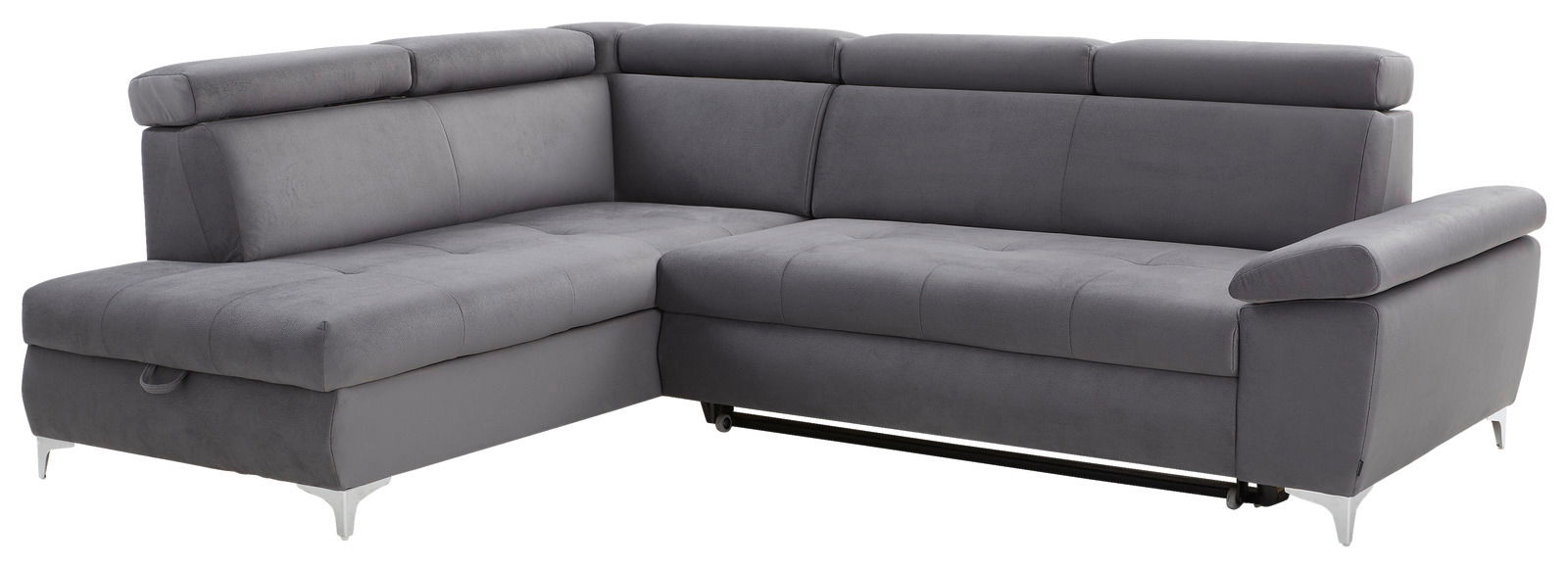 Graues Ecksofa mit verstellbaren Kopfstützen und modernem Design, Perspektive von vorne rechts