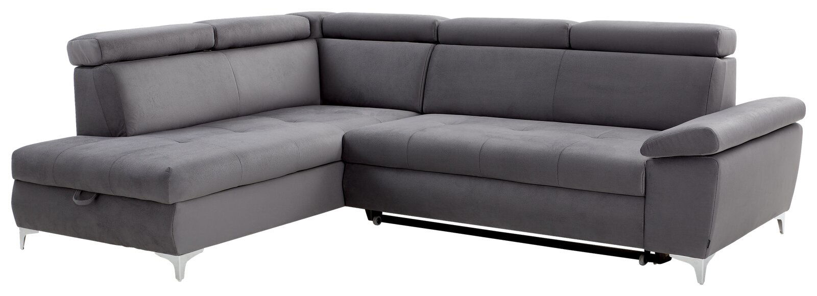 Graues Ecksofa mit verstellbaren Kopfstützen und modernem Design, Perspektive von vorne rechts
