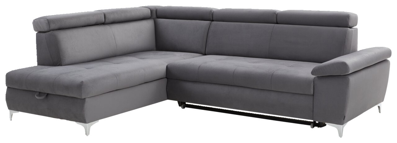 Graues Ecksofa mit verstellbaren Kopfstützen und modernem Design, Perspektive von vorne rechts