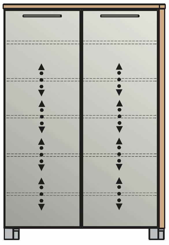 Hoch-Schuhkommode in Frontalansicht mit zwei Türen und dekorativen vertikalen Mustern.