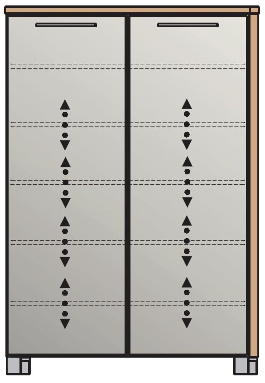 Hoch-Schuhkommode in Frontalansicht mit zwei Türen und dekorativen vertikalen Mustern.