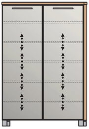 Hoch-Schuhkommode in Frontalansicht mit zwei Türen und dekorativen vertikalen Mustern.