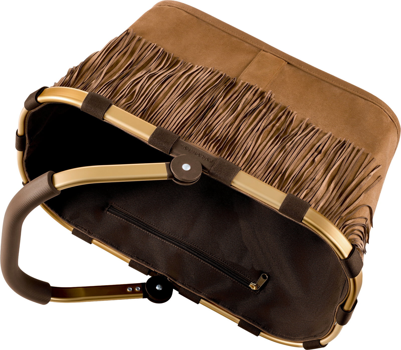 Braune Wildleder-Handtasche mit Fransen und goldfarbenem Metallrahmen, Ansicht von unten/leicht schräg mit sichtbarem Reißverschlussfach