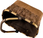 Braune Wildleder-Handtasche mit Fransen und goldfarbenem Metallrahmen, Ansicht von unten/leicht schräg mit sichtbarem Reißverschlussfach