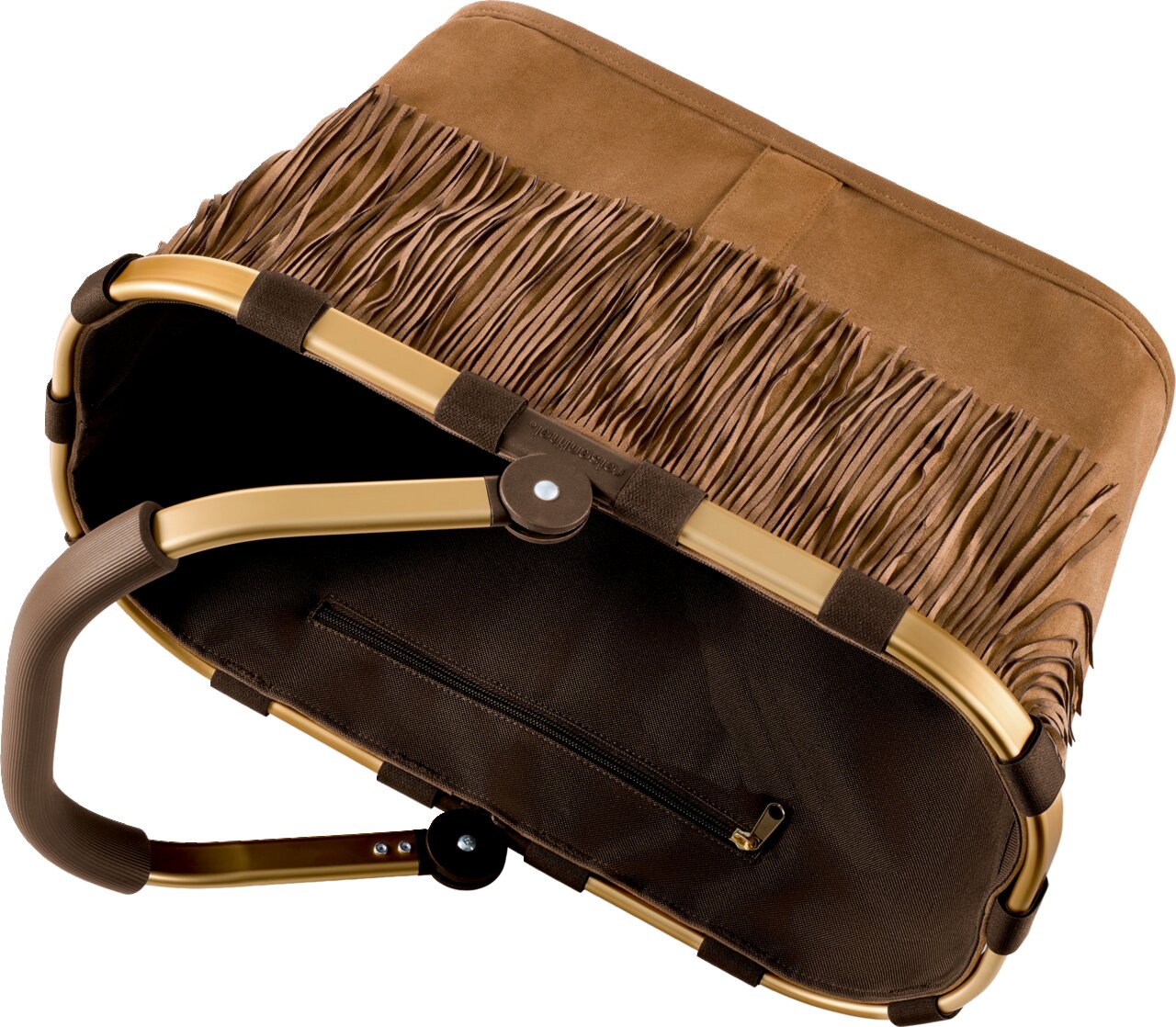Braune Wildleder-Handtasche mit Fransen und goldfarbenem Metallrahmen, Ansicht von unten/leicht schräg mit sichtbarem Reißverschlussfach