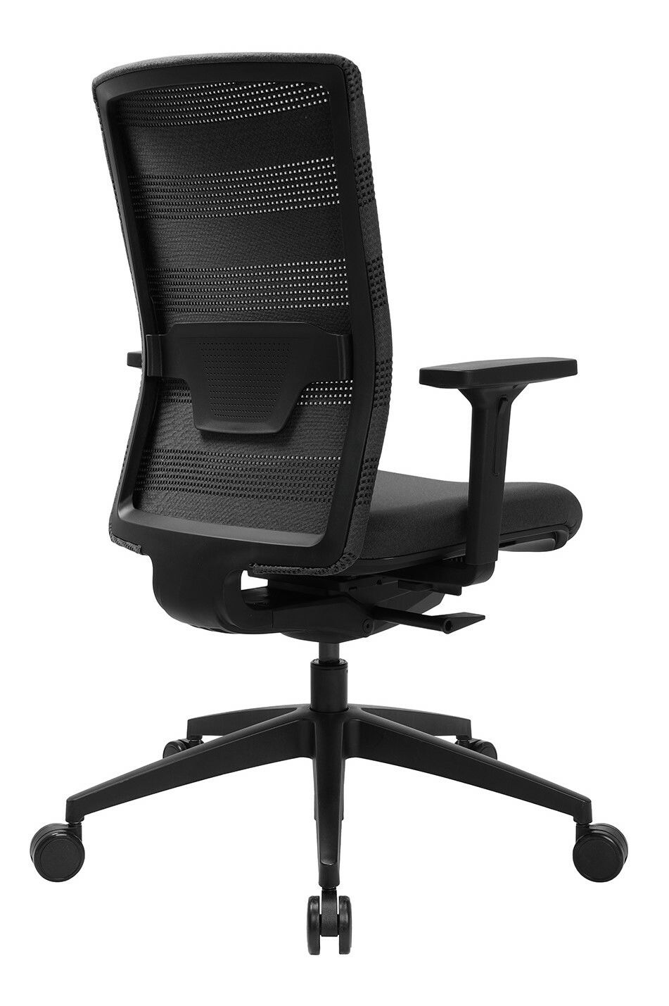 Rückansicht eines schwarzen Bürostuhls Topstar SITNESS AIRWORK mit Netzrückenlehne und Armlehnen.