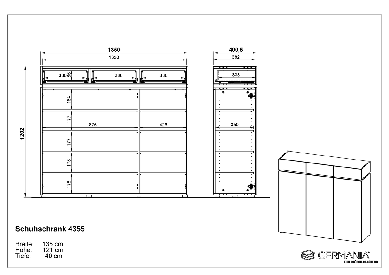 Voleo Garderoben-Set 7 UNIQUE Technische Zeichnung eines Schuhschranks mit den Maßen: Breite 135 cm, Höhe 121 cm, Tiefe 40 cm. Frontale und seitliche Ansicht sowie perspektivische Darstellung.