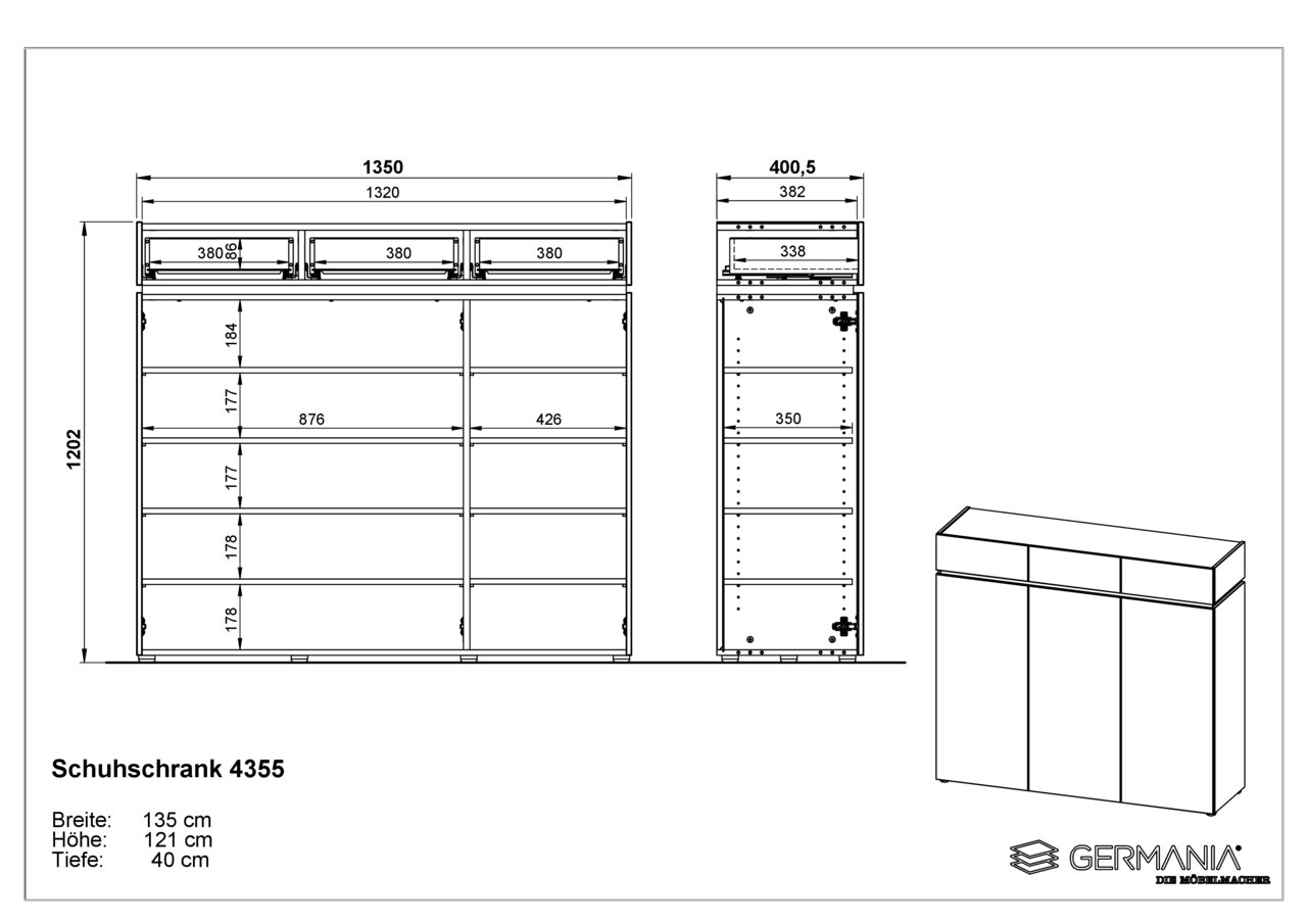 Technische Zeichnung eines Schuhschranks mit den Maßen: Breite 135 cm, Höhe 121 cm, Tiefe 40 cm. Frontale und seitliche Ansicht sowie perspektivische Darstellung.