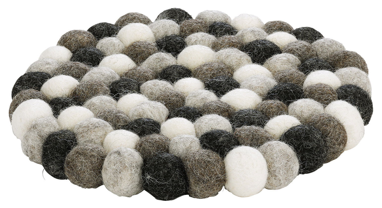 Cilio Untersetzer LANA Runder Untersetzer aus Filzkugeln in verschiedenen Grautönen, Weiß und Schwarz, aus der Vogelperspektive betrachtet.