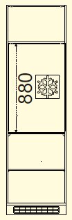 Frontansicht eines Kühlschrankumbaus mit Eissymbol und Maßangabe 880.