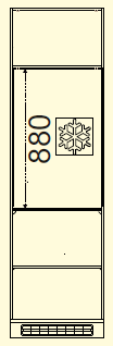 Frontansicht eines Kühlschrankumbaus mit Eissymbol und Maßangabe 880.