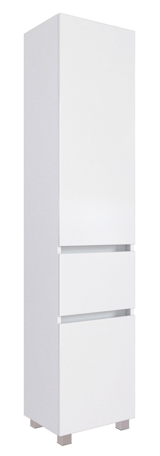 Weißer Hochschrank mit zwei Schubladen und einer Tür, seitliche Perspektive