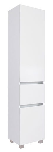 Weißer Hochschrank mit zwei Schubladen und einer Tür, seitliche Perspektive