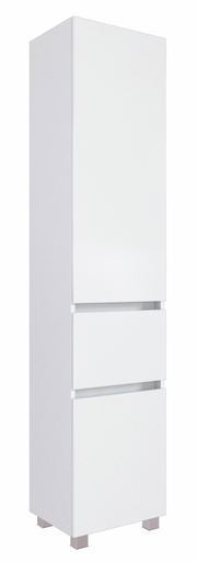 Weißer Hochschrank mit zwei Schubladen und einer Tür, seitliche Perspektive