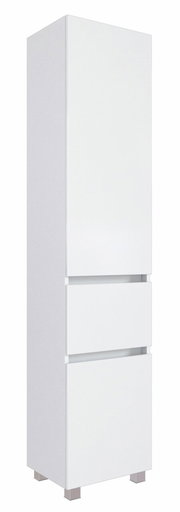 Weißer Hochschrank mit zwei Schubladen und einer Tür, seitliche Perspektive