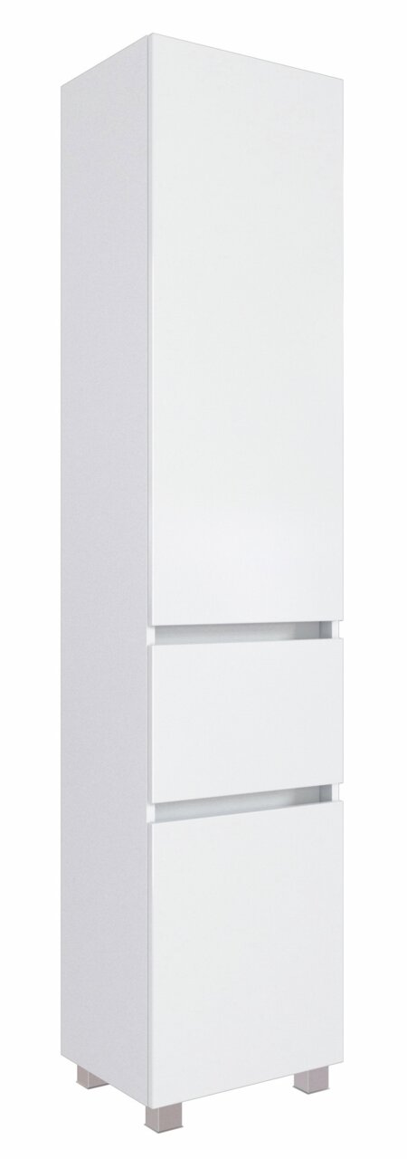 Weißer Hochschrank mit zwei Schubladen und einer Tür, seitliche Perspektive