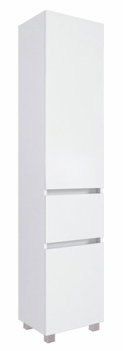 Weißer Hochschrank mit zwei Schubladen und einer Tür, seitliche Perspektive