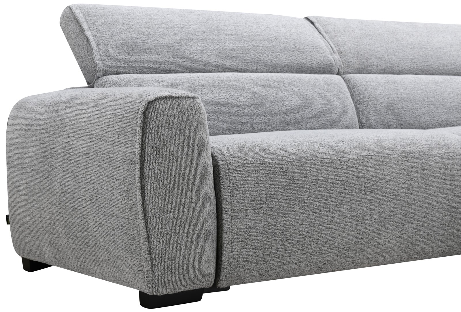 Graues Ecksofa ALEXANDRA mit moderner, gepolsterter Armlehne und Rückenlehne, seitliche Perspektive.