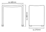 Technische Zeichnung eines rechteckigen Bügel-/Rahmen-Elements mit Maßen ca. 400 mm Breite und ca. 480 mm Höhe, daneben Seitenansicht mit ca. 275 mm Tiefe; Darstellung in Front- und Seitenperspektive.
