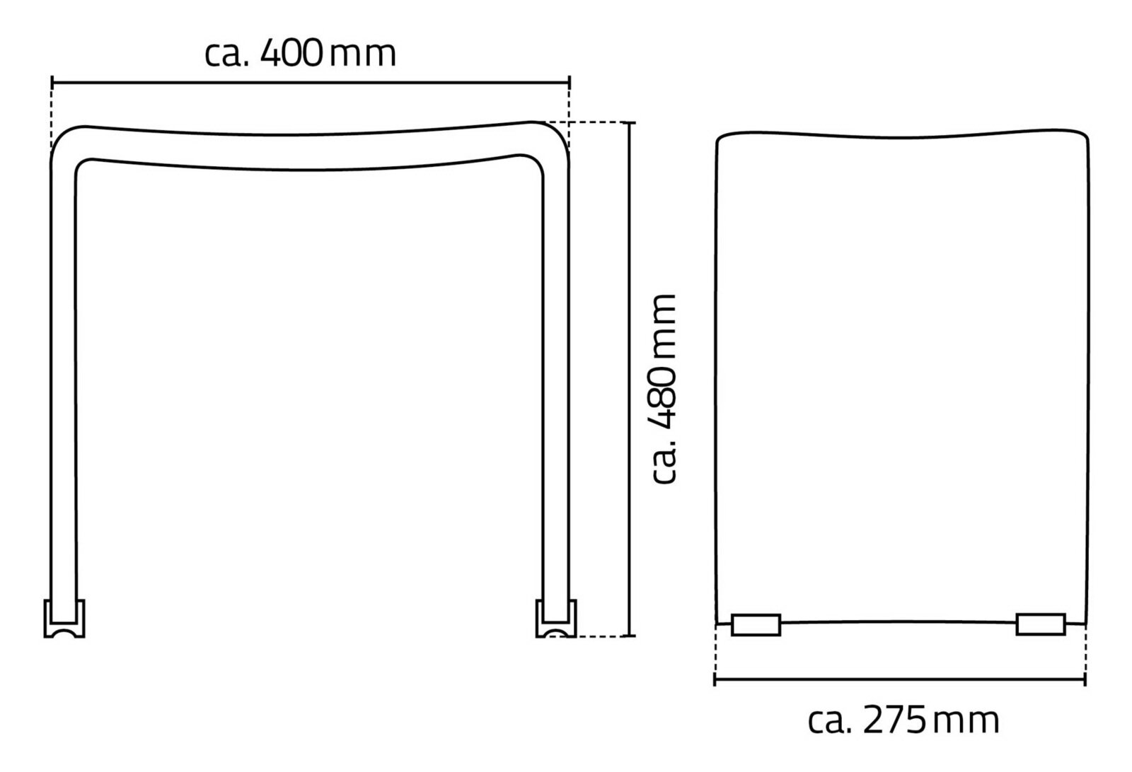 Technische Zeichnung eines rechteckigen Bügel-/Rahmen-Elements mit Maßen ca. 400 mm Breite und ca. 480 mm Höhe, daneben Seitenansicht mit ca. 275 mm Tiefe; Darstellung in Front- und Seitenperspektive.