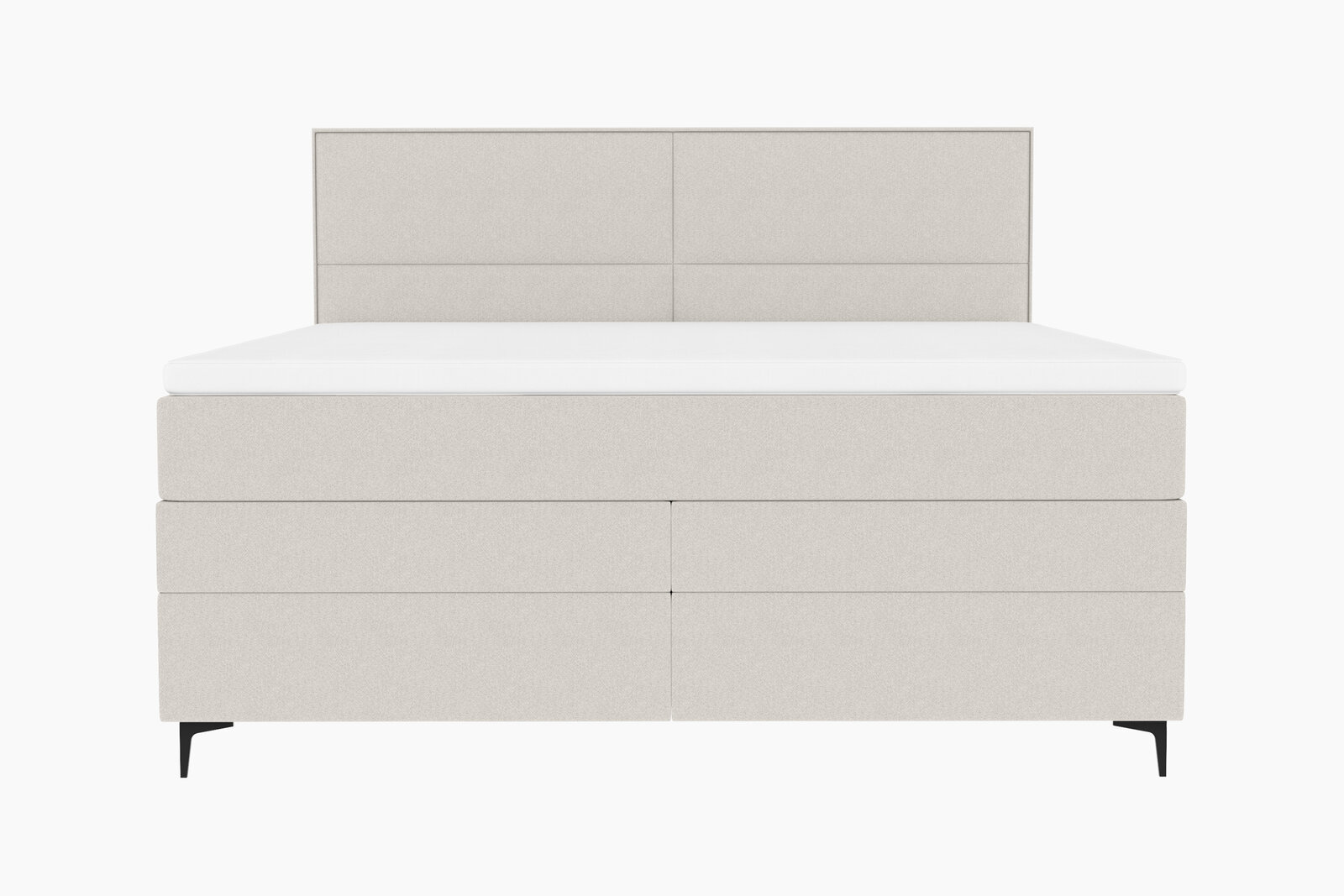 Frontale Ansicht eines modernen Boxspringbetts in hellem Stoffbezug mit schlichtem Design und schwarzen Füßen.