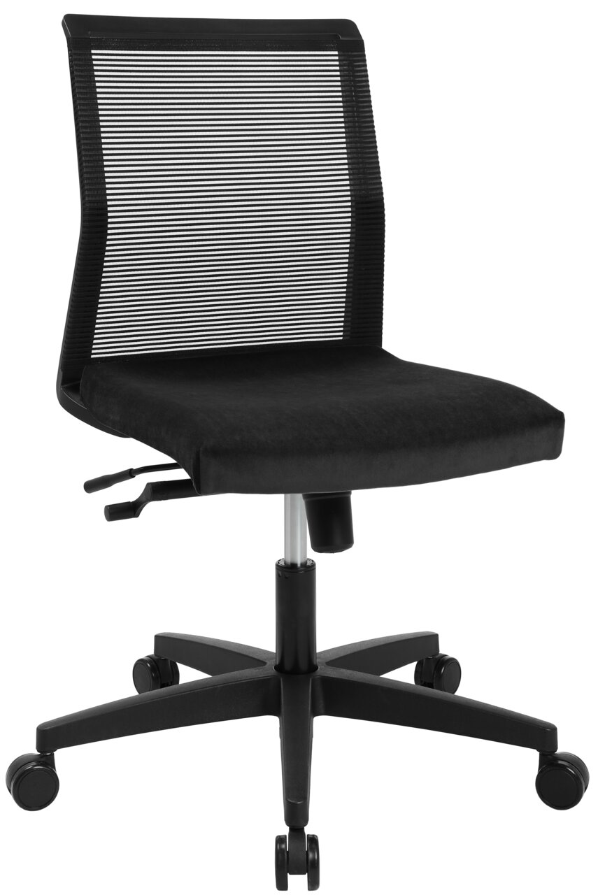 Moderner schwarzer Drehstuhl mit Netzrückenlehne und gepolstertem Sitz, seitliche Ansicht